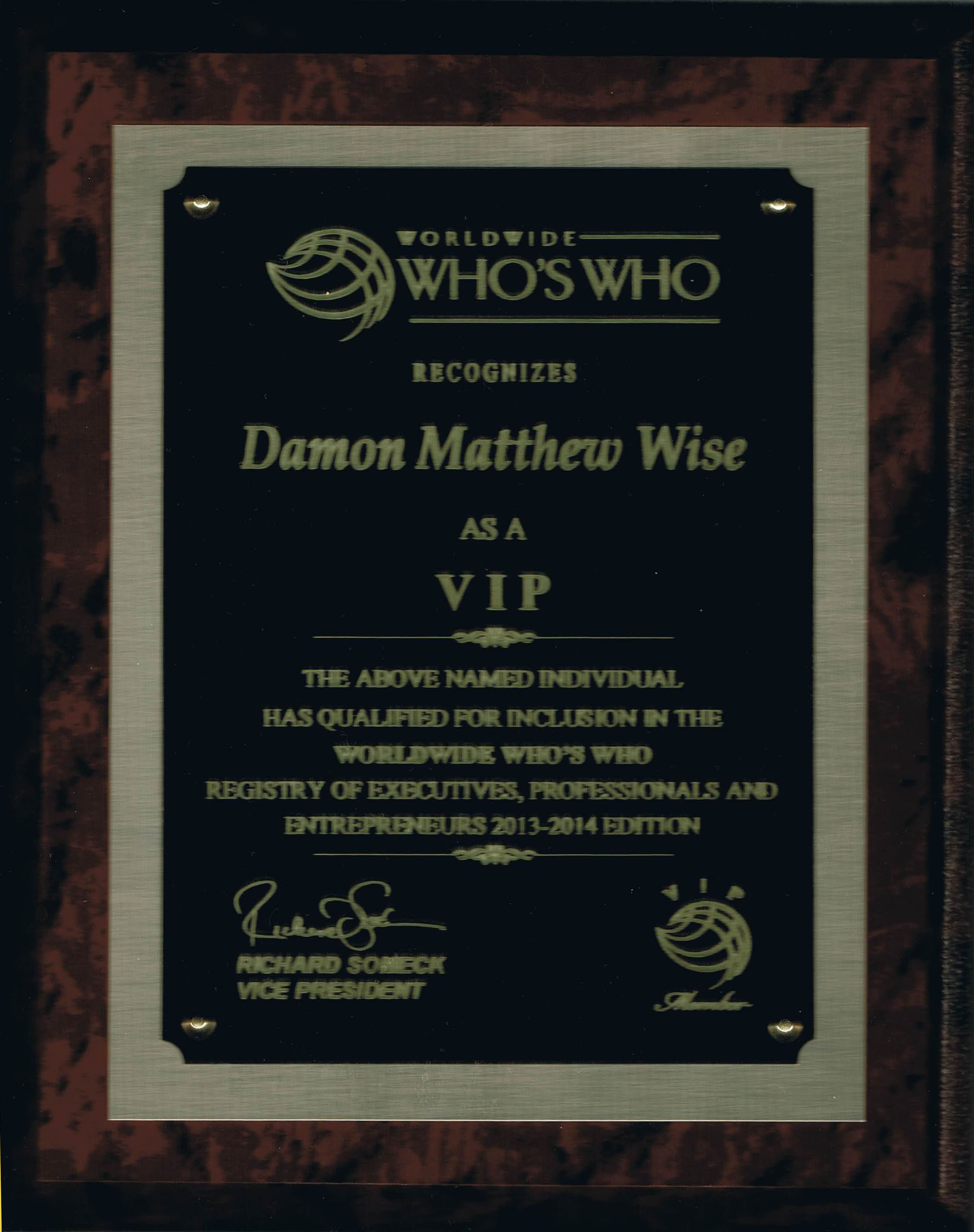 Damon Matthew Wise- Worlfwide Who's Who VIP award 2013/4